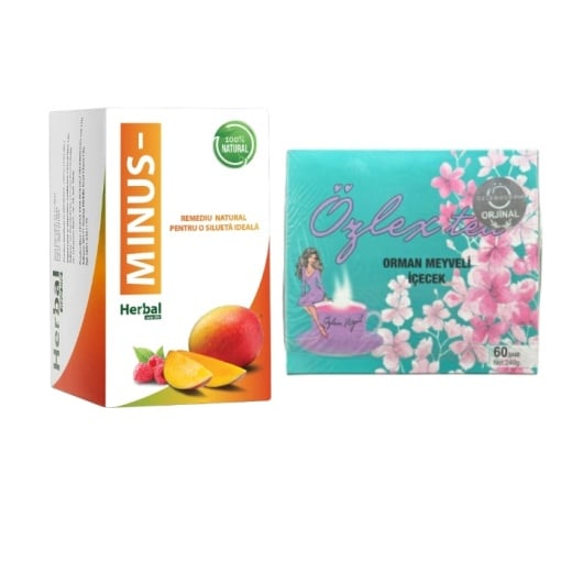 Capsule pentru slabit Minus, 30 comprimate, Herbal New Life + Ceai de slabit Ozlex turcesc detox - cu aroma de fructe de padure 60 plicuri cu holograma