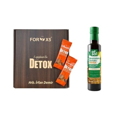 Ceai de slabit FOR X5 DETOX, Irfan demir cu aroma de lamaie,Holograma si plicuri in limba turca 30 plicuri x 4g. + Sirop detoxifiant cu bromelaină ,Extract de ananas ,L-Carnitină si Vitamina C-350g