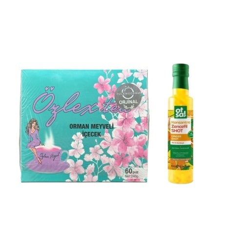 Ceai de slabit Ozlex Tea turcesc detox - cu aroma de fructe de padure 60 plicuri cu holograma + Suc din Amestec natural cu ghimbir, portocală, lămâie, miere, vitamina C si turmeric 350g