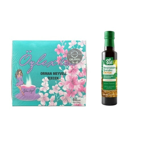Ceai de slabit Ozlex turcesc detox - cu aroma de fructe de padure 60 plicuri cu holograma + Sirop detoxifiant cu bromelaină ,Extract de ananas ,L-Carnitină si Vitamina C-350g