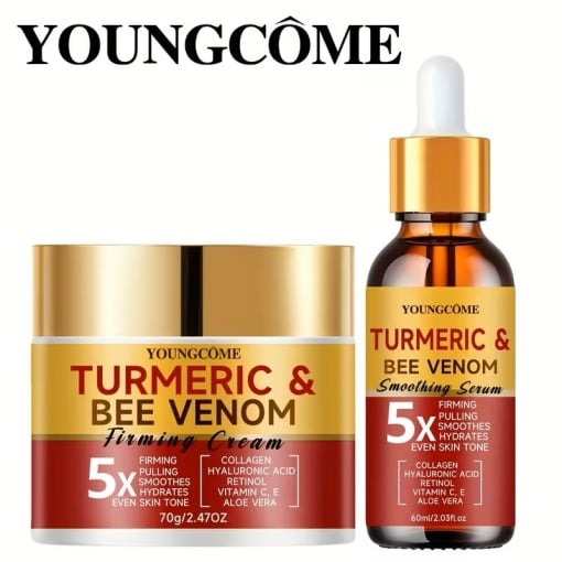 OUNGCOME Set cu Turmeric, Venin de Albine, Colagen, Retinol, Vitamina C, Aloe Vera și Acid Hialuronic – Ser și Cremă pentru Piele Luminoasă, Hidratată și Riduri Reduse