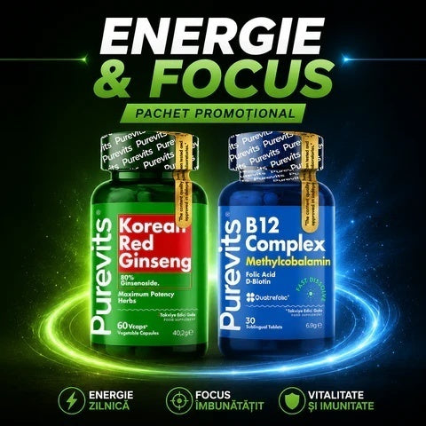 Pachet promo : 2 Purevits Pachet Energie & Focus PUREVITS KOREAN RED GINSENG 500 mg + B12 Complex METHYLCOBALAMIN– Acid Folic – Biotin