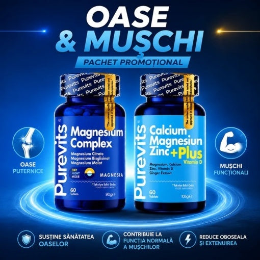 Pachet promo : 2 Purevits Pachet Oase si Muschi Magneziu Complex – Citrat, Bisglicinat și Malat – 200 mg +Calciu – Magneziu – Zinc – Vitamina D Plus