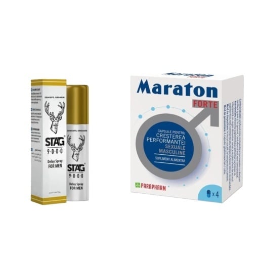 Pachet promo : Capsule MARATON FORTE, cresterea performantei sexuale barbati, 4 capsule +Spray intarziere barbati pentru intarziere STAG 9000 20ml