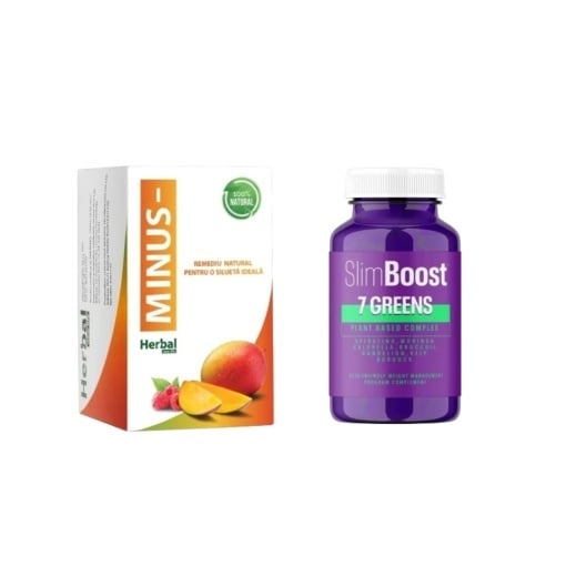 Pachet promo : Capsule pentru slabit Minus, 30 comprimate, Herbal New Life + Capsule ( pastile ) pentru slabit Slim boost 7 Greens, 30 comprimate.