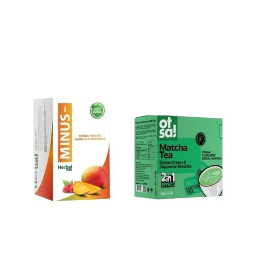 Pachet promo : Capsule pentru slabit Minus, 30 comprimate, Herbal New Life + Ceai detoxifiant japonez Matcha BIO solubil, 30x5gr