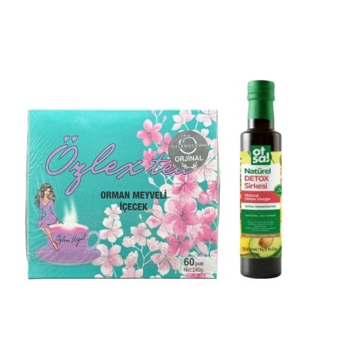 Pachet promo : Ceai de slabit Ozlex turcesc detox - cu aroma de fructe de padure 60 plicuri cu holograma + Oțet detoxifiant natural cu oțet de mere și ananas, 500 ml, pentru reducerea edemelor și susținerea arderii grăsimilor