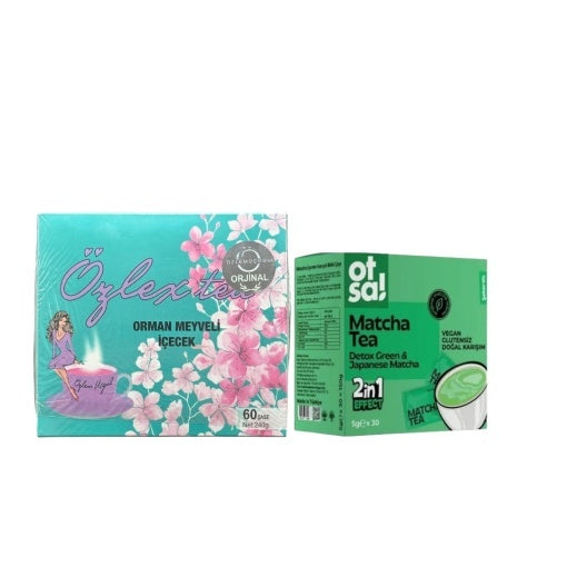 Pachet promo : Ceai de slabit Ozlex turcesc detox - cu aroma de fructe de padure 60 plicuri cu holograma + Ceai detoxifiant japonez Matcha BIO solubil, 30x5gr